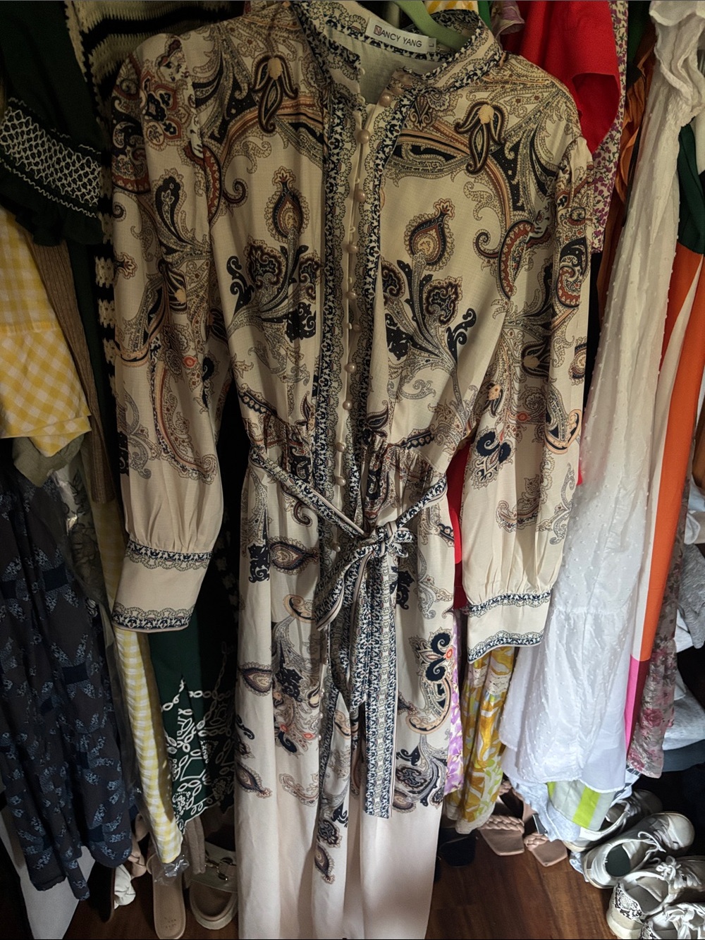 Nancy Yang maxi dress Cream Paisley Belted Long Sleeve size L